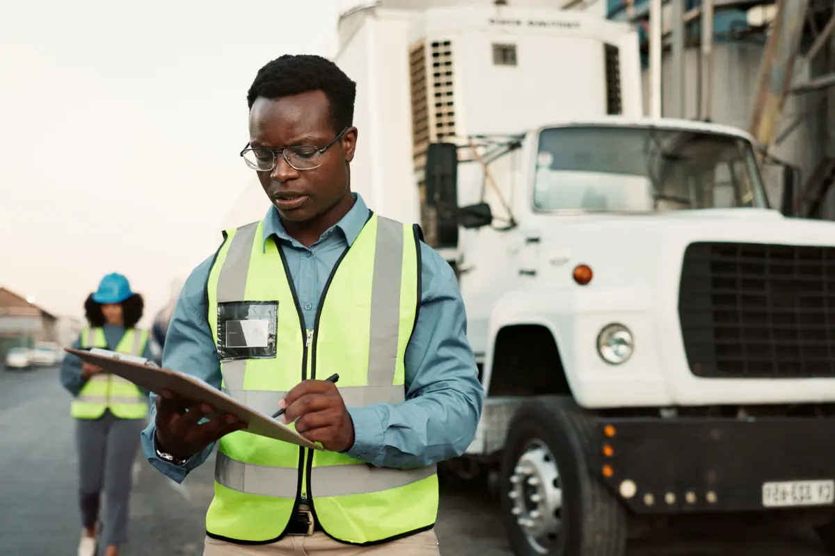 Worker reviewing truck records during a DOT safety audit preparation check
